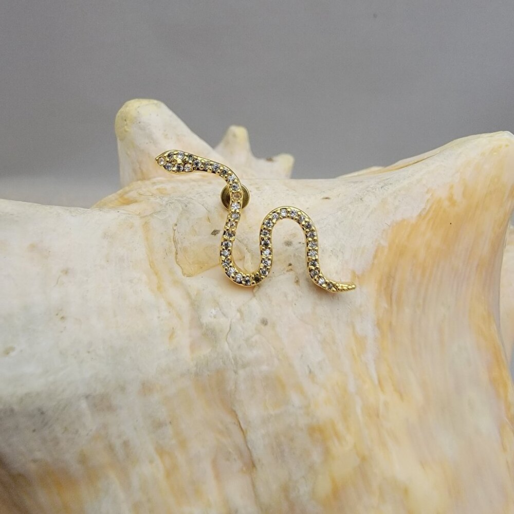16G Snake labret Gold w clear CZ gems stainless cartilage internally threaded